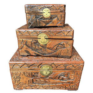 Antique Hand Made Carved Nesting Boxes Ornate Wood Brass Closure Set of 3